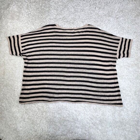 Eileen Fisher Black Tan Organic Linen Striped Boxy Sweater Top - Picture 4 of 9